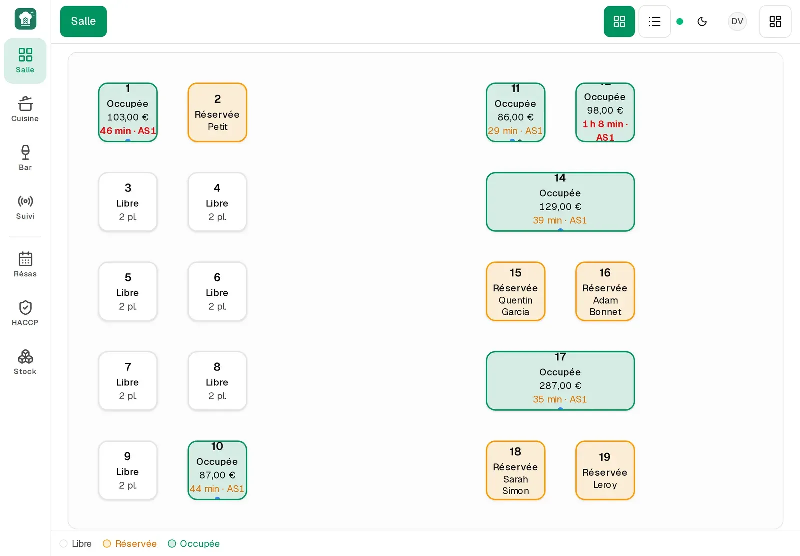Plan de salle sur tablette : tables libres, réservées, occupées