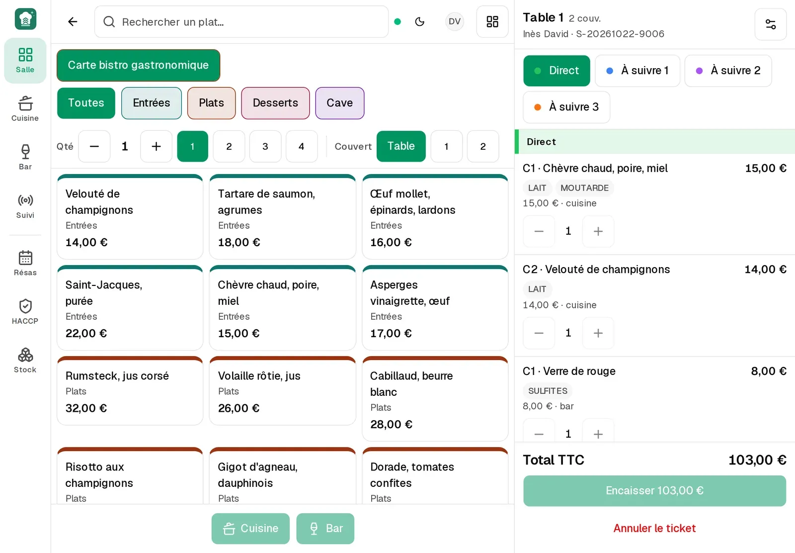 Prise de commande sur tablette : tuiles par section et ticket
